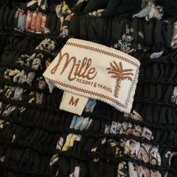 Mille Catherine Black Floral Smocked Bodice Square Neck Midi Dress M - Picture 6 of 8